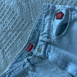 Kenzo Light Blue Women's Shorts with Red Flower Detail